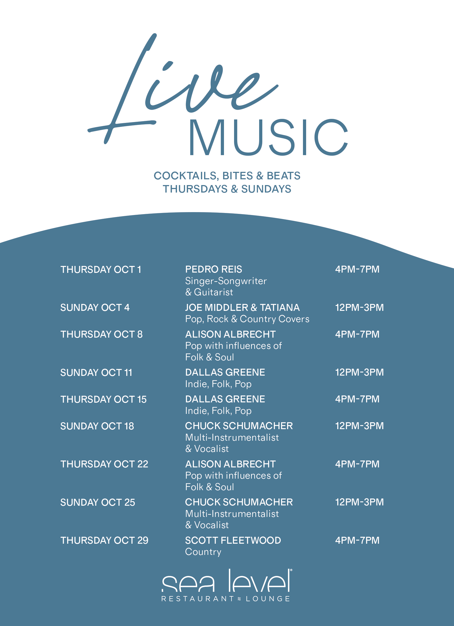 Sea Level October Live Music Calendar 2026