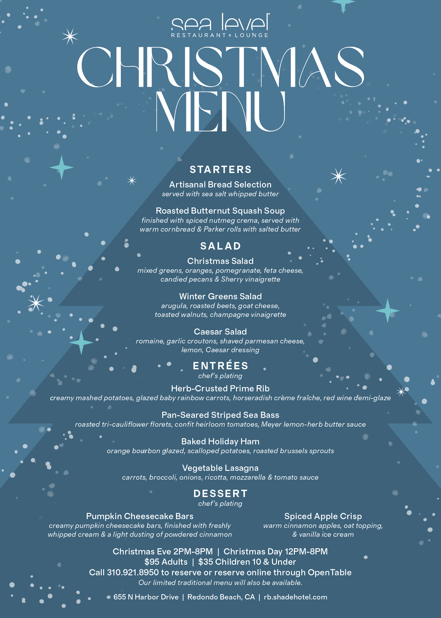 Sea Level Restaurant and Lounge Christmas menu featuring starters, mains, and desserts on a blue background with a white stylized Christmas tree.